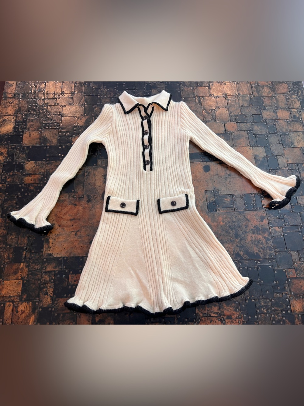 SHEIN Cream Ribbed V-Neck Sweater Dress with Black Trim